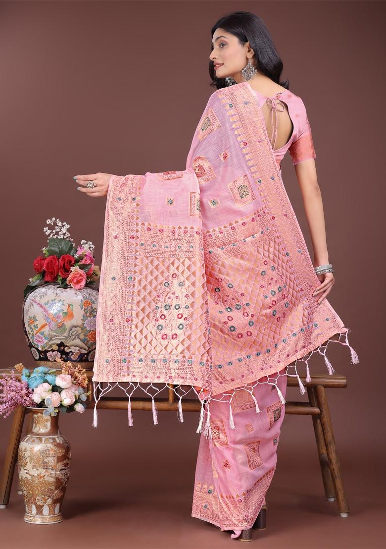 Light Pink Zari Work Cotton Blend Saree Set