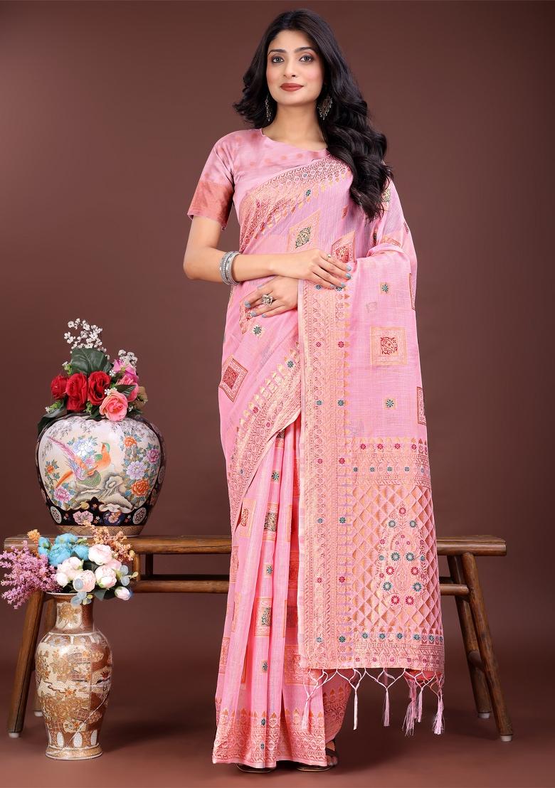 Light Pink Zari Work Cotton Blend Saree Set