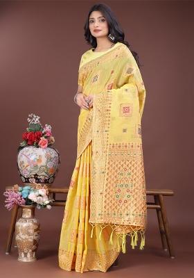 Yellow Zari Work Cotton Blend Saree Set