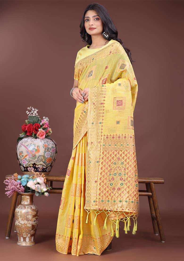 Yellow Zari Work Cotton Blend Saree Set - Indya