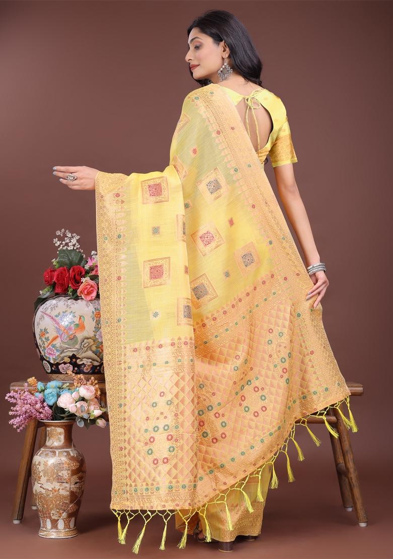 Yellow Zari Work Cotton Blend Saree Set