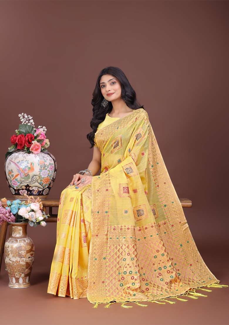 Yellow Zari Work Cotton Blend Saree Set - Indya