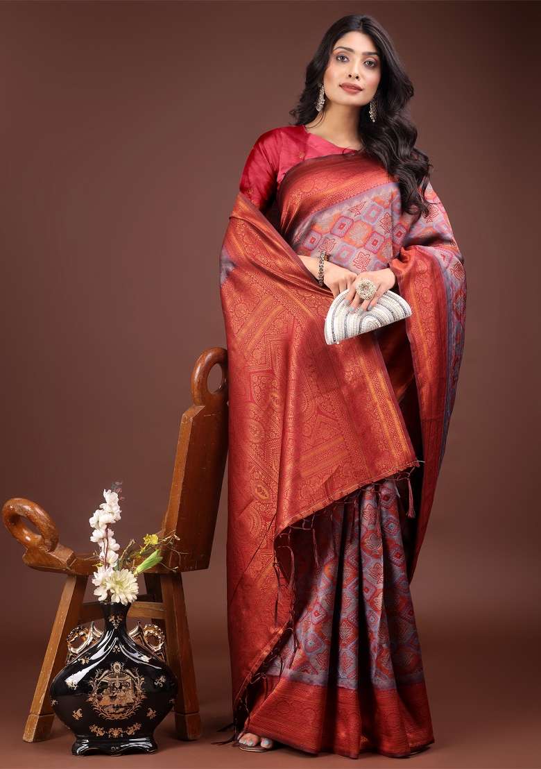 Grey Zari Work Cotton Blend Saree Set - Indya