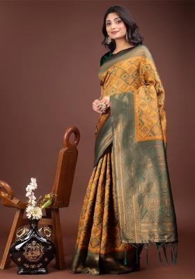 Yellow Zari Work Cotton Blend Saree Set