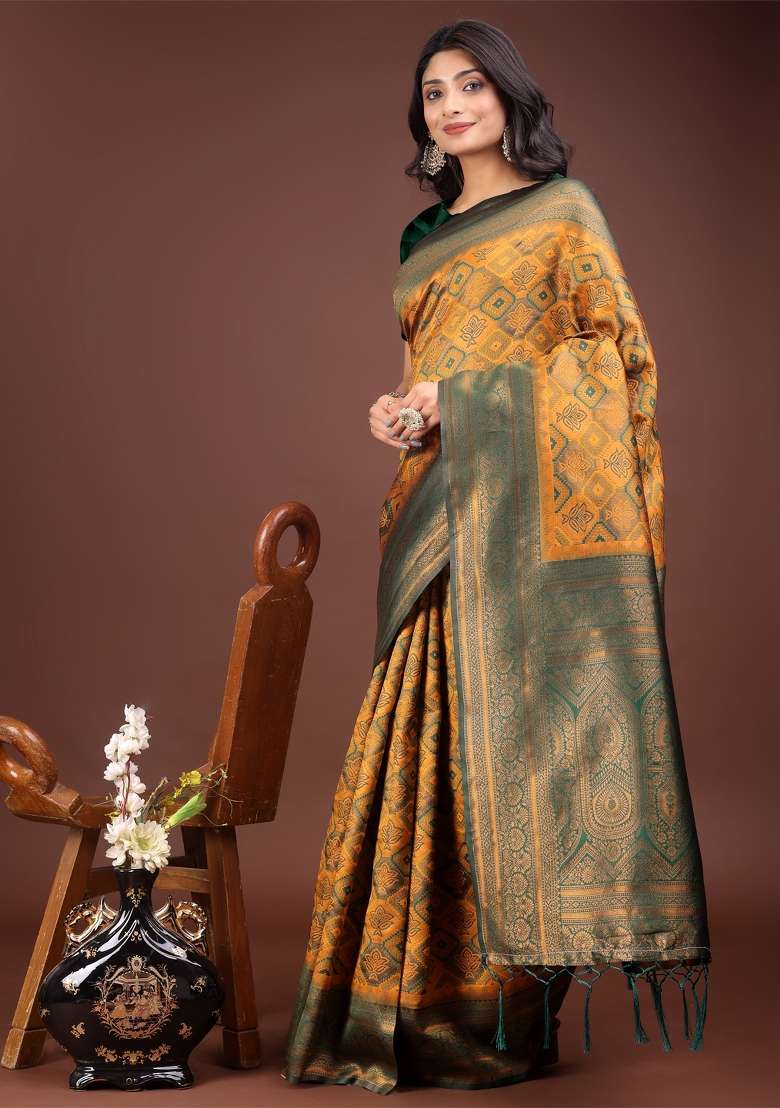 Yellow Zari Work Cotton Blend Saree Set - Indya