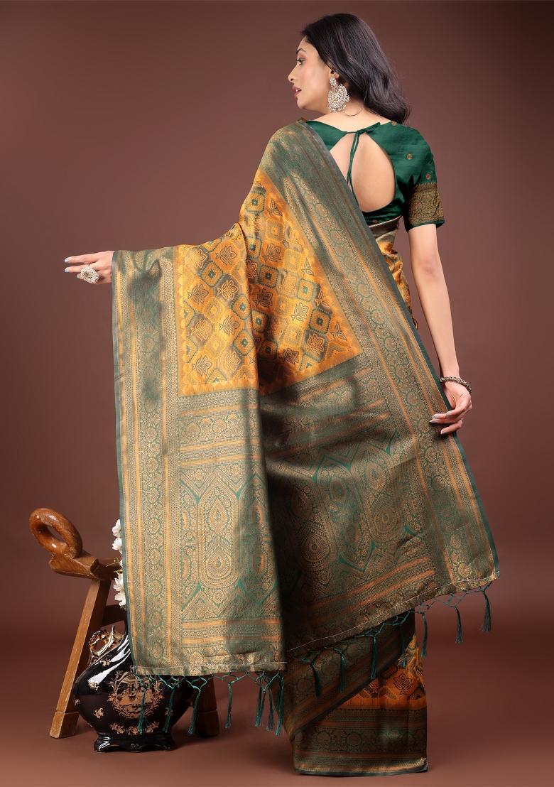 Yellow Zari Work Cotton Blend Saree Set