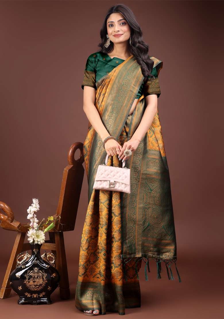 Yellow Zari Work Cotton Blend Saree Set - Indya
