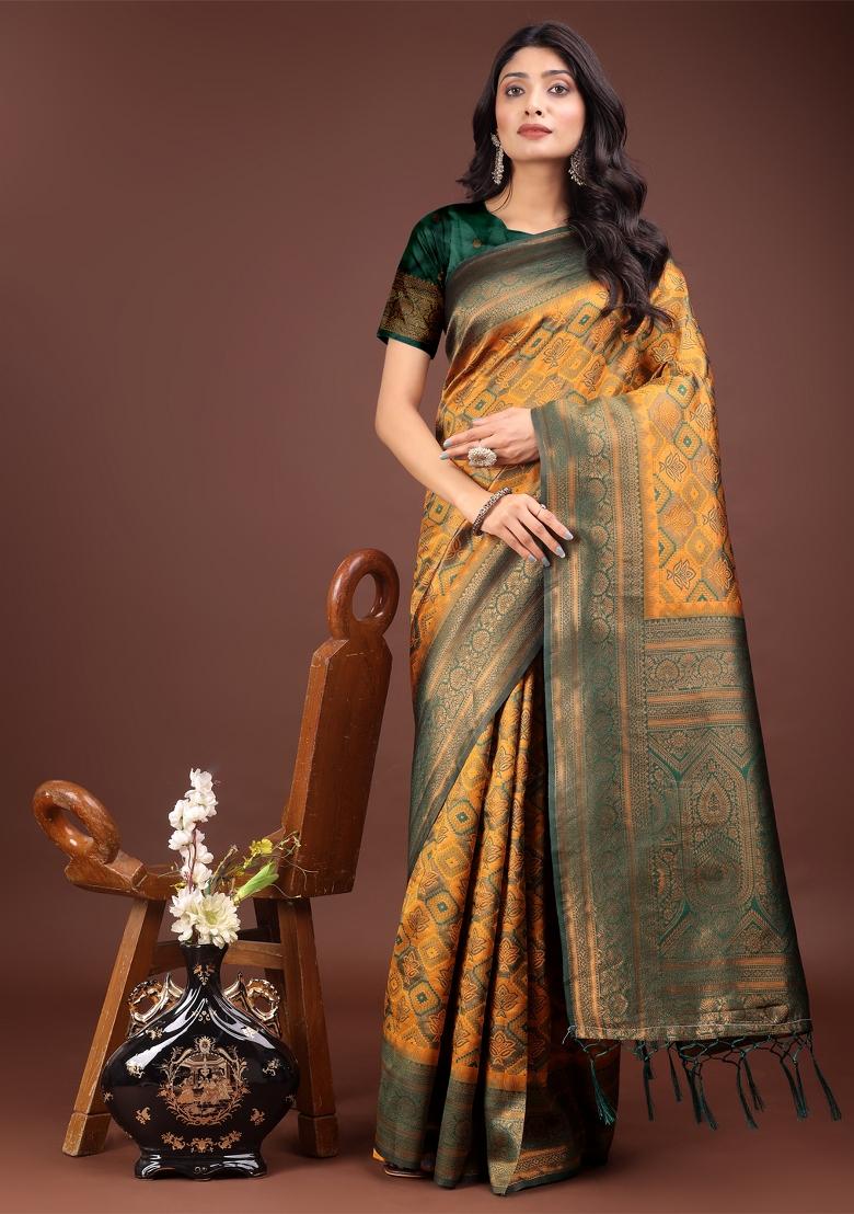Yellow Zari Work Cotton Blend Saree Set