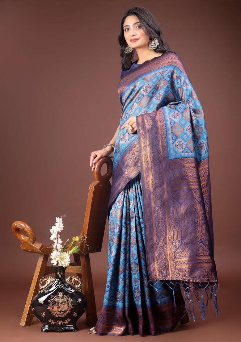 Sky Blue Zari Work Cotton Blend Saree Set - Indya