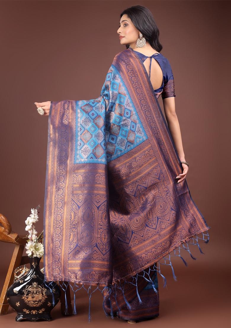 Sky Blue Zari Work Cotton Blend Saree Set