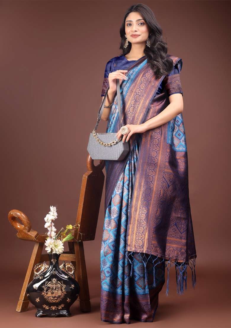 Sky Blue Zari Work Cotton Blend Saree Set - Indya