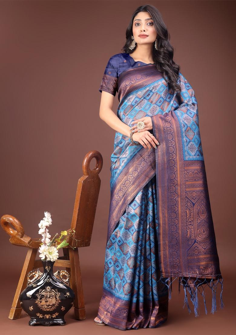 Sky Blue Zari Work Cotton Blend Saree Set