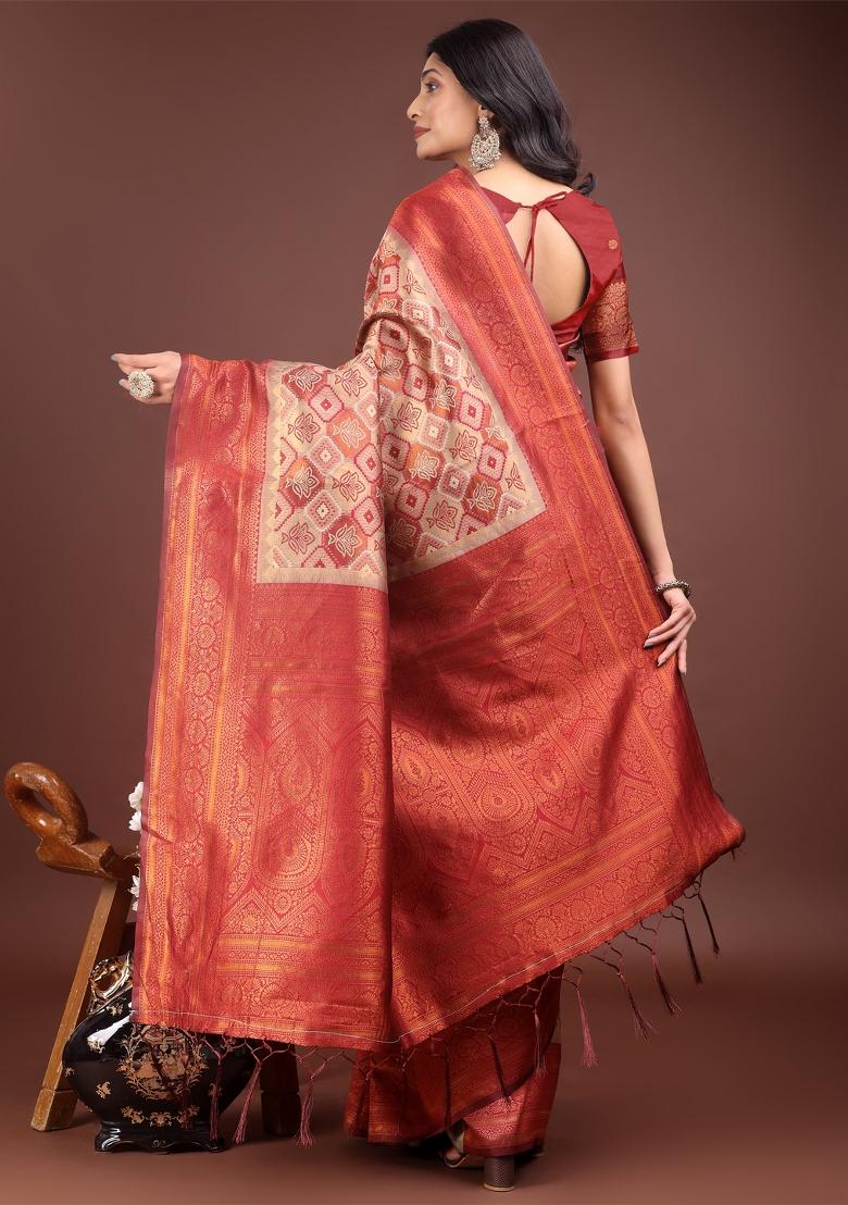 Cream Zari Work Cotton Blend Saree Set