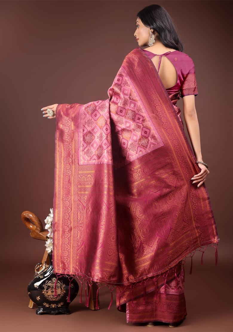 Light Pink Zari Work Cotton Blend Saree Set