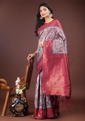 Teal Blue Zari Work Cotton Blend Saree Set