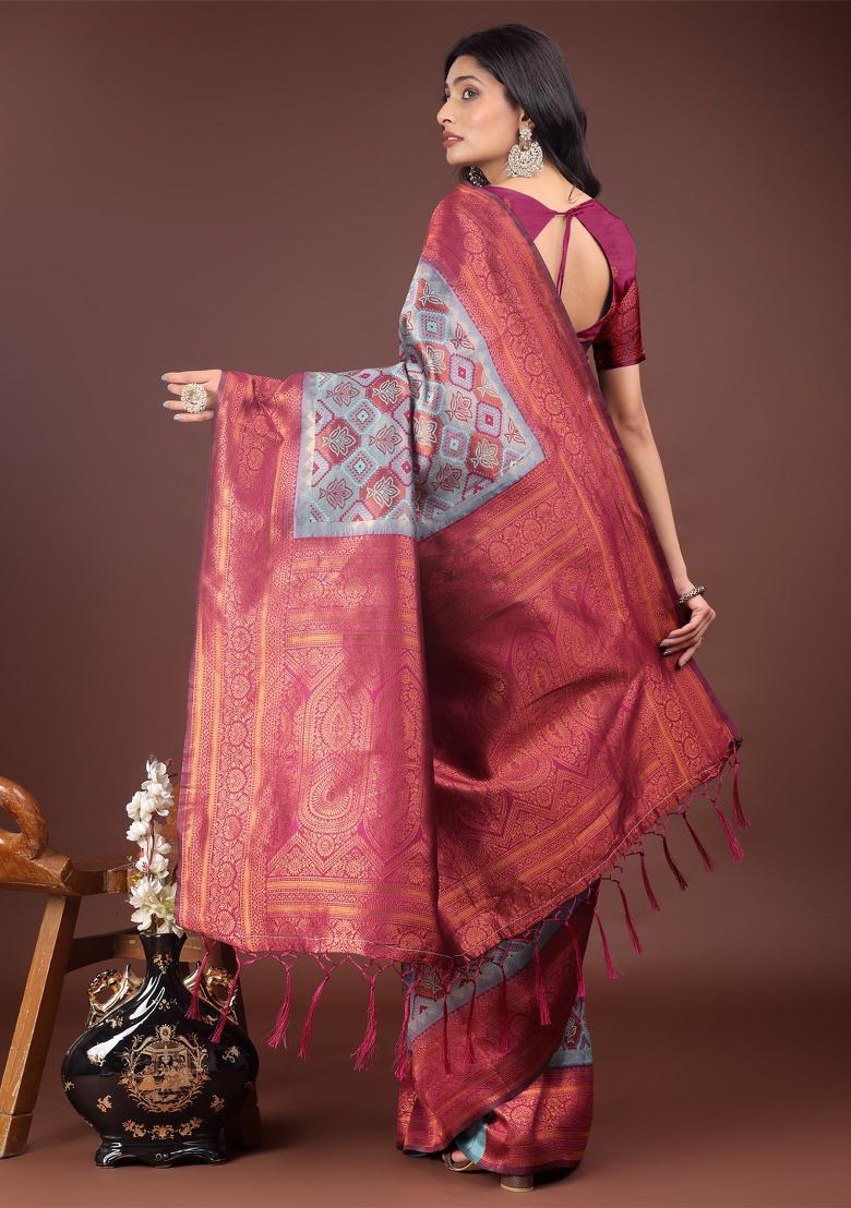 Teal Blue Zari Work Cotton Blend Saree Set