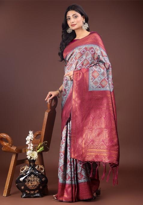 Teal Blue Zari Work Cotton Blend Saree Set