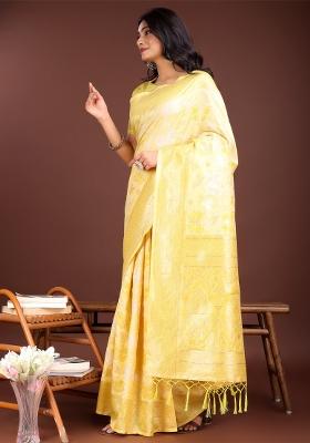 Yellow Zari Work Cotton Blend Saree Set