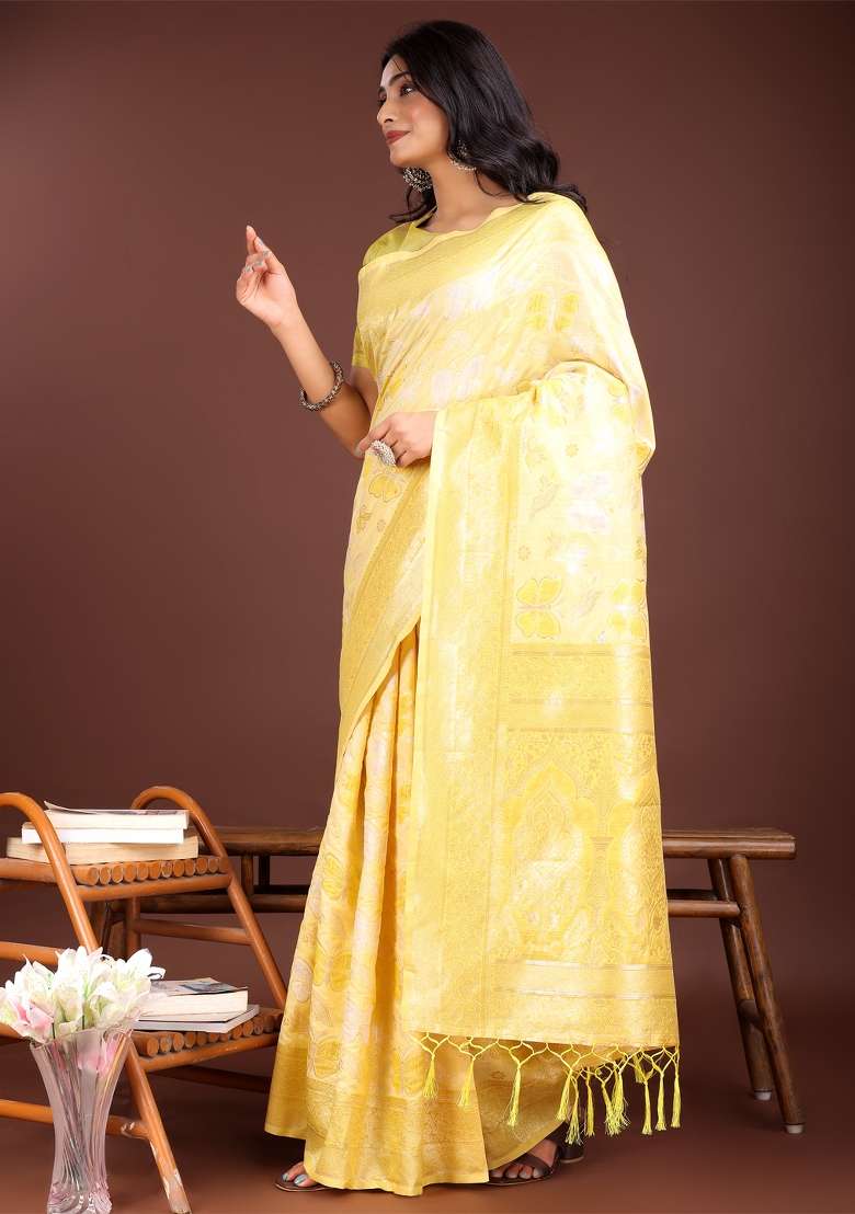 Yellow Zari Work Cotton Blend Saree Set - Indya
