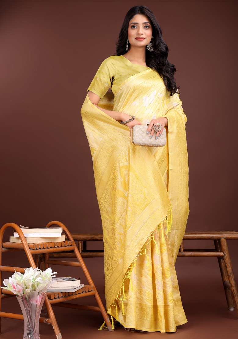 Yellow Zari Work Cotton Blend Saree Set - Indya