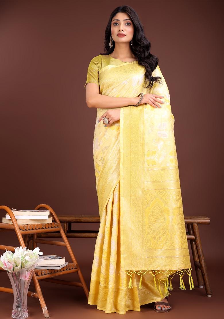 Yellow Zari Work Cotton Blend Saree Set