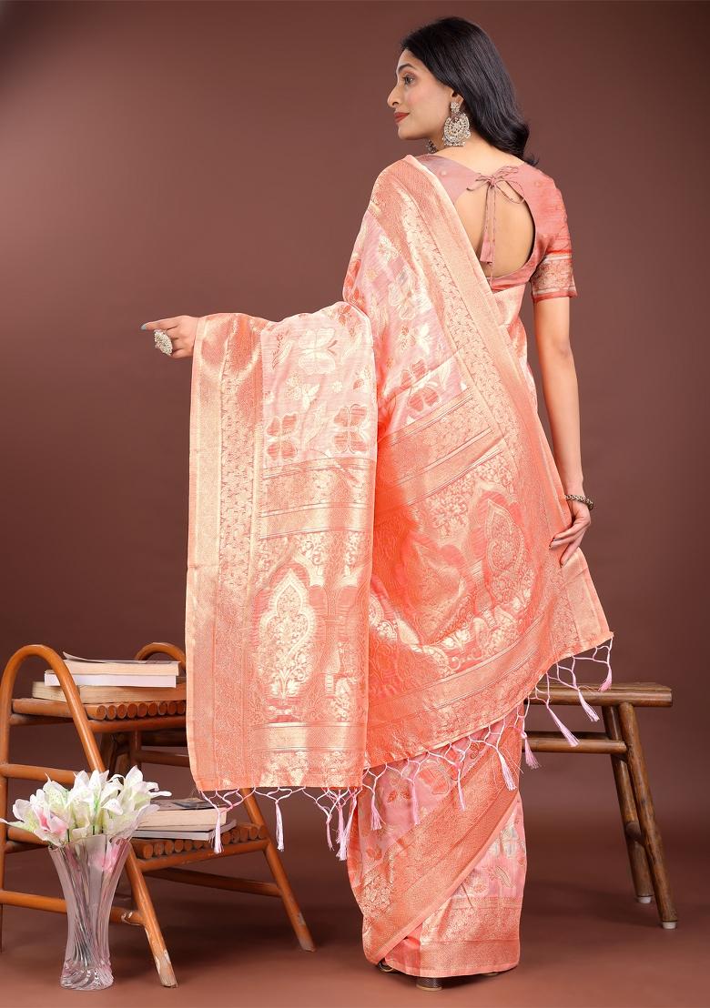 Orange Zari Work Cotton Blend Saree Set