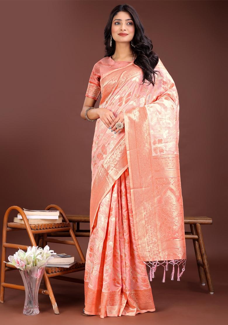 Orange Zari Work Cotton Blend Saree Set