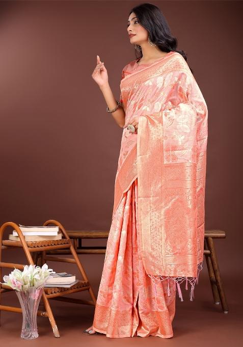 Orange Zari Work Cotton Blend Saree Set