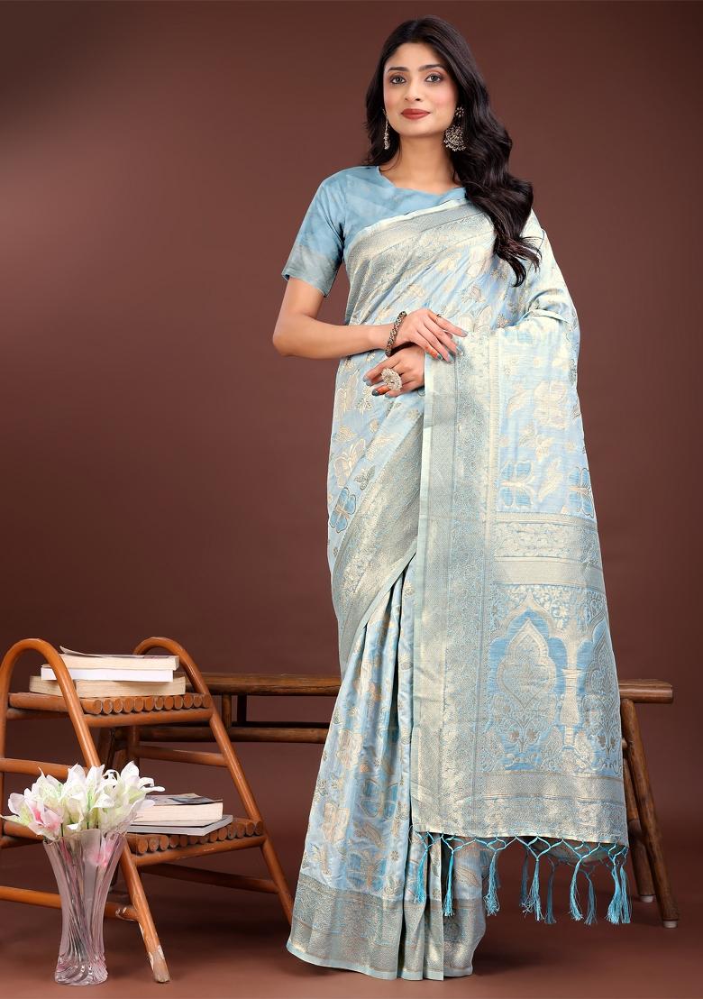 Sky Blue Zari Work Cotton Blend Saree Set