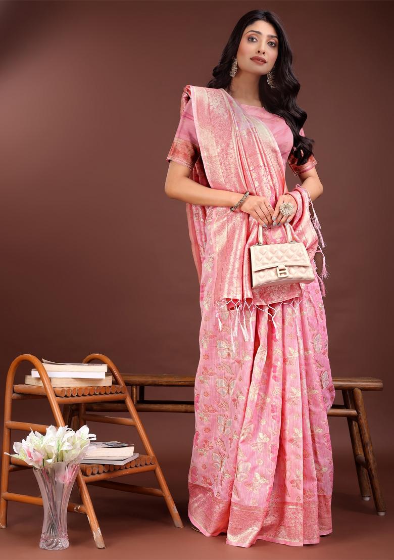 Pink Zari Work Cotton Blend Saree Set
