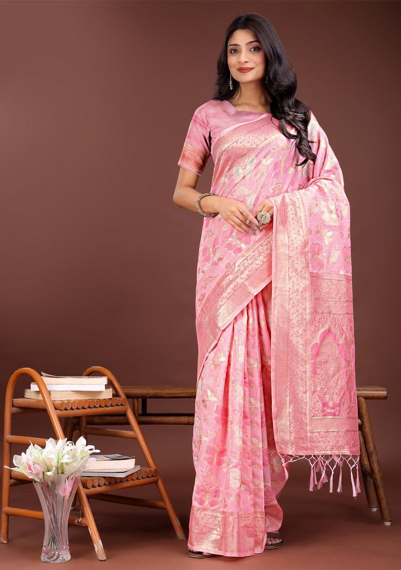 Pink Zari Work Cotton Blend Saree Set