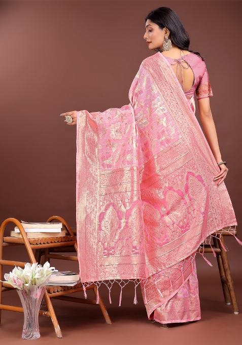 Pink Zari Work Cotton Blend Saree Set