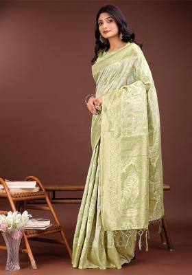 Light Green Zari Work Cotton Blend Saree Set