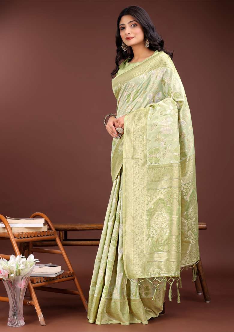 Light Green Zari Work Cotton Blend Saree Set - Indya