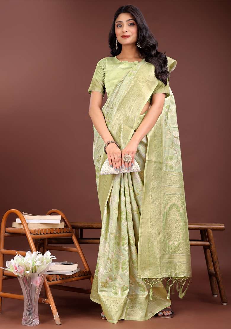 Light Green Zari Work Cotton Blend Saree Set - Indya