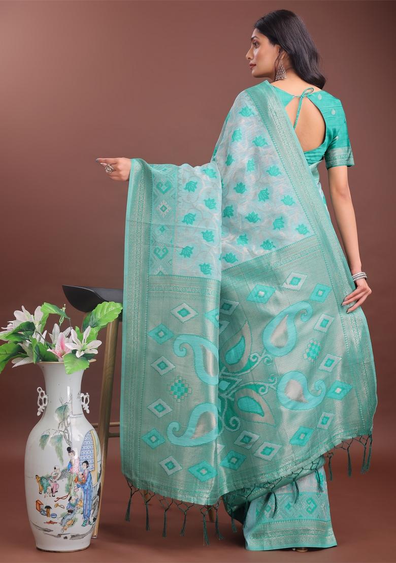Sea Green Zari Work Cotton Blend Saree Set
