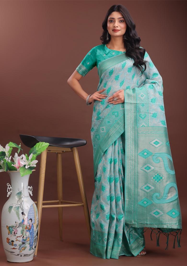 Sea Green Zari Work Cotton Blend Saree Set
