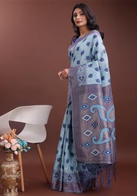 Sky Blue Zari Work Cotton Blend Saree Set
