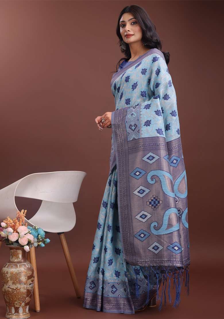 Sky Blue Zari Work Cotton Blend Saree Set - Indya