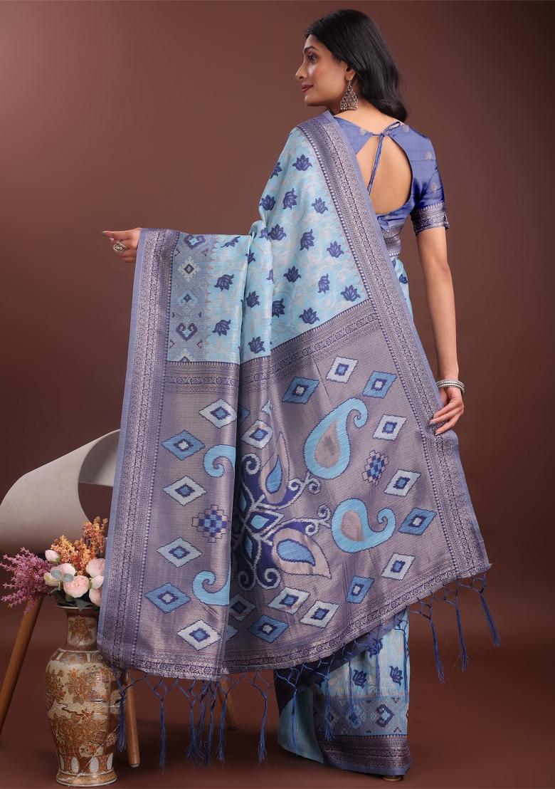 Sky Blue Zari Work Cotton Blend Saree Set