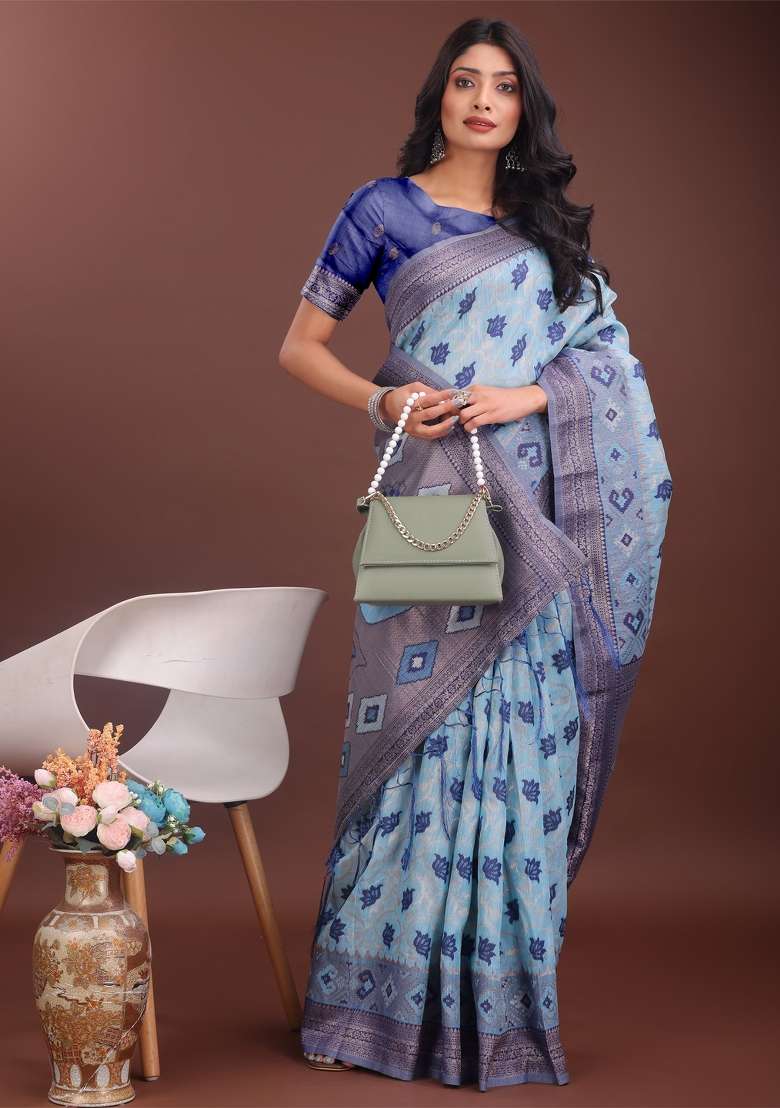 Sky Blue Zari Work Cotton Blend Saree Set - Indya