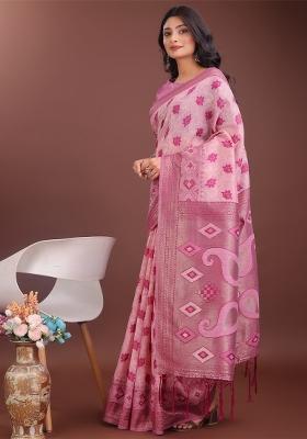 Light Pink Zari Work Cotton Blend Saree Set