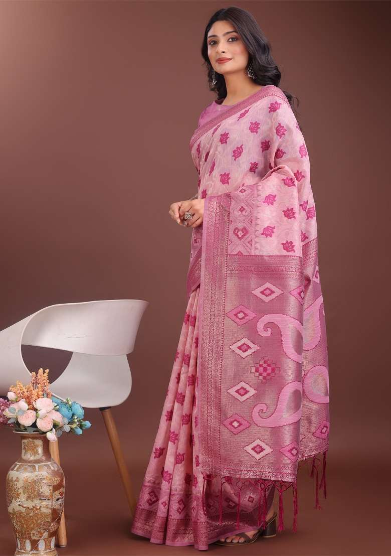 Light Pink Zari Work Cotton Blend Saree Set - Indya