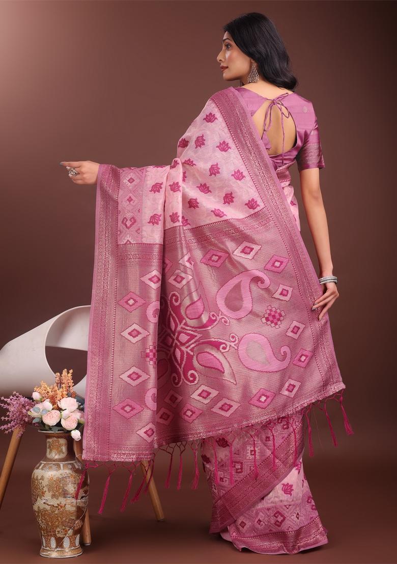 Light Pink Zari Work Cotton Blend Saree Set