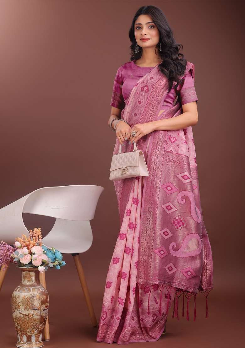 Light Pink Zari Work Cotton Blend Saree Set - Indya