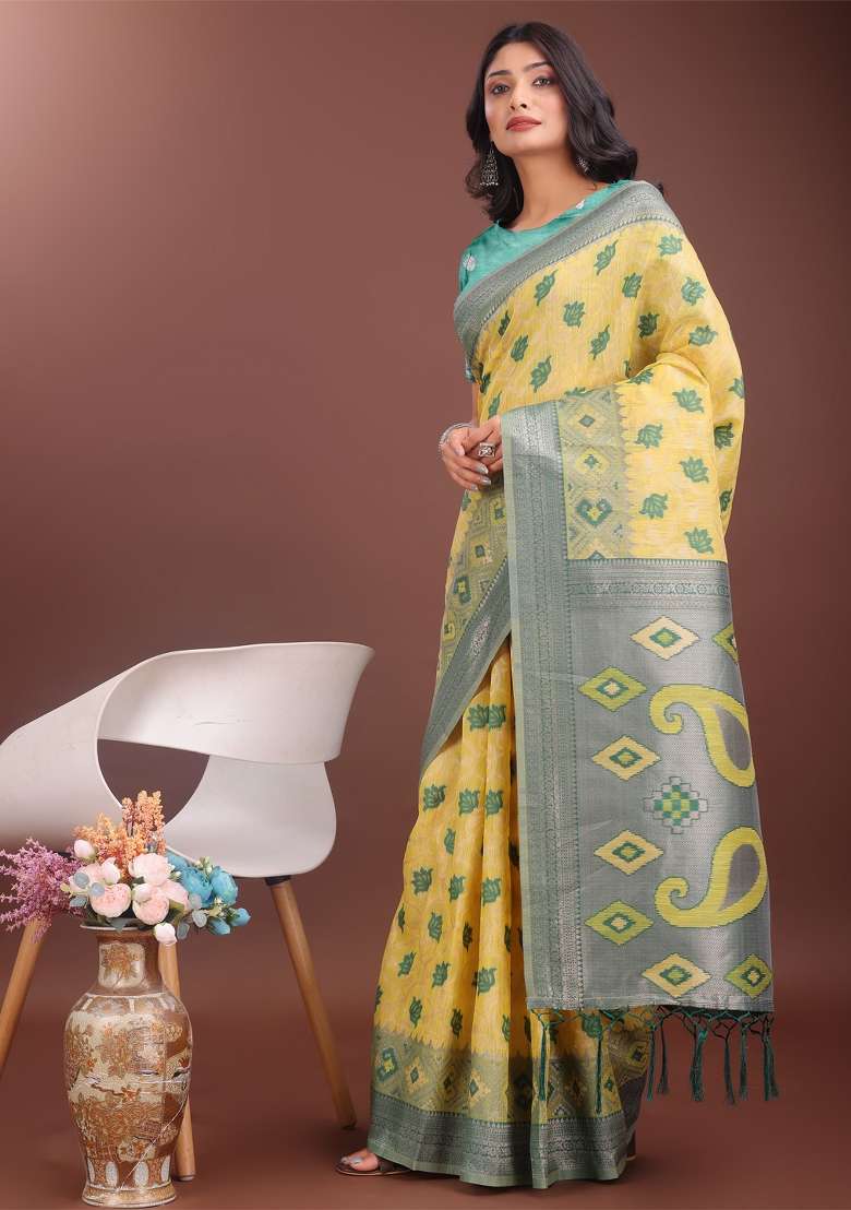 Yellow Zari Work Cotton Blend Saree Set - Indya