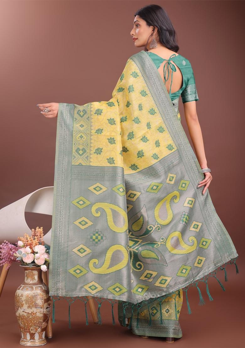Yellow Zari Work Cotton Blend Saree Set
