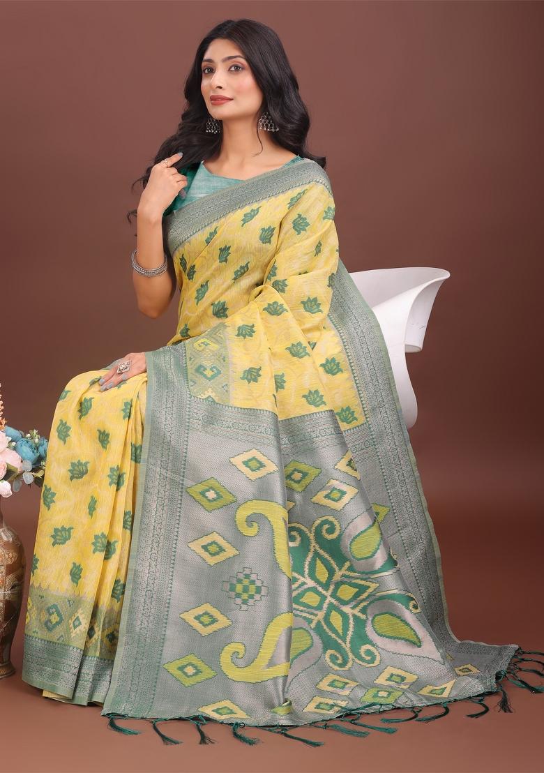 Yellow Zari Work Cotton Blend Saree Set