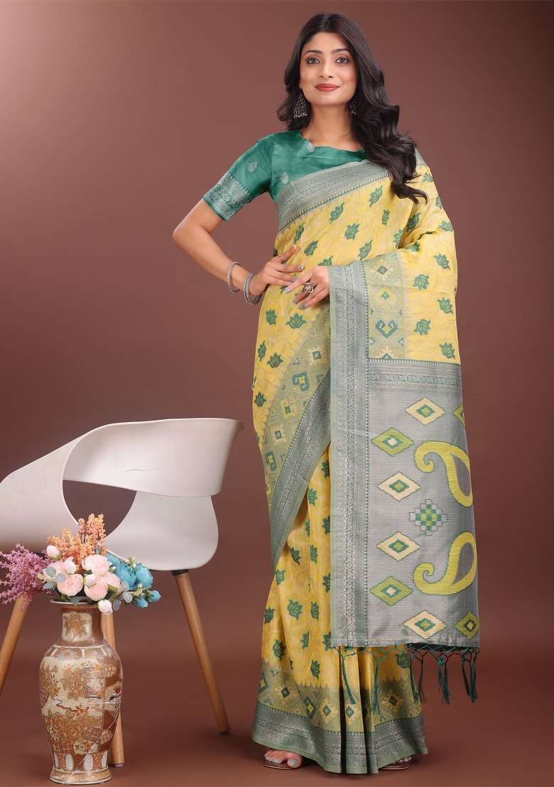Yellow Zari Work Cotton Blend Saree Set - Indya