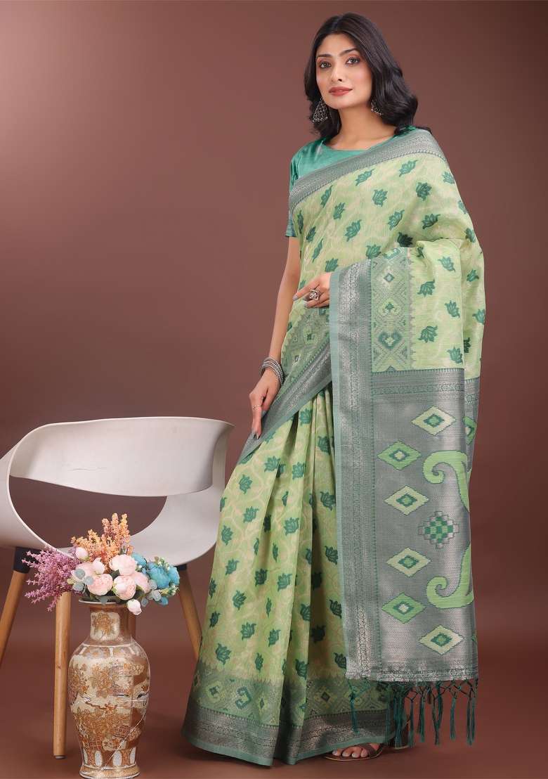 Light Green Zari Work Cotton Blend Saree Set - Indya